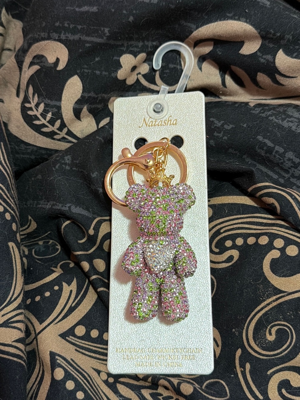 Natasha Pink & Green Crystal Teddy Bear Keychain